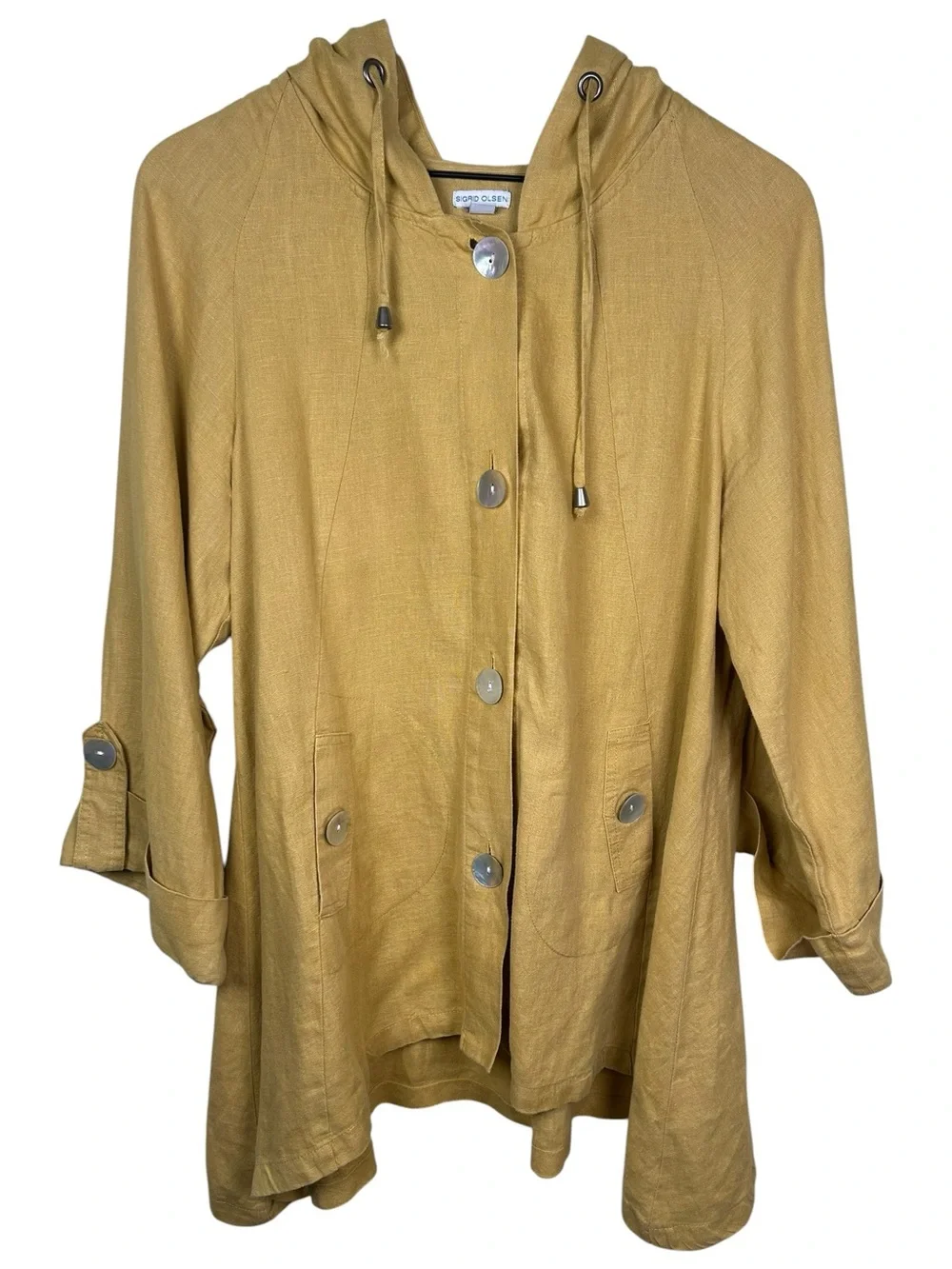 SIGRID OLSEN Linen Hooded Swing Jacket Mustard Yellow‎ Sz Med Coastal Lagenlook